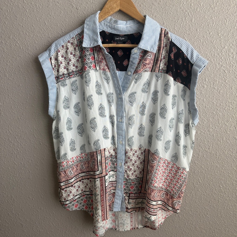 Lord & Taylor Short Sleeve Patchwork Paisley Floral Button Up Blouse Shirt L